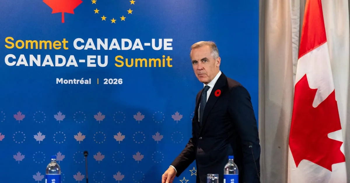 Mark Carney la summitul Canada-UE, discutând despre parteneriate comerciale.