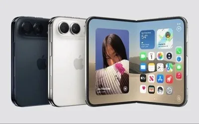 Detaliu al ecranului pliabil iPhone Duo cu textură nano mată.