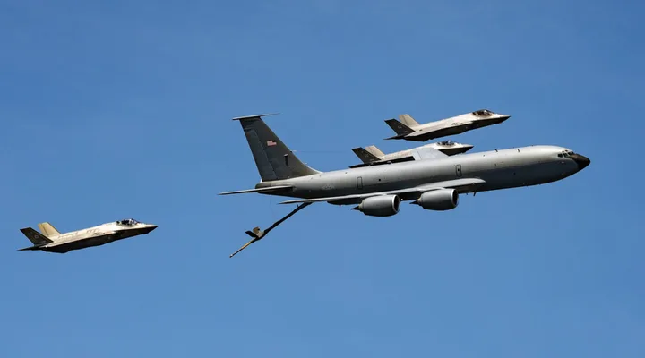 Avioane de realimentare americane zburând pe un fundal albastru.