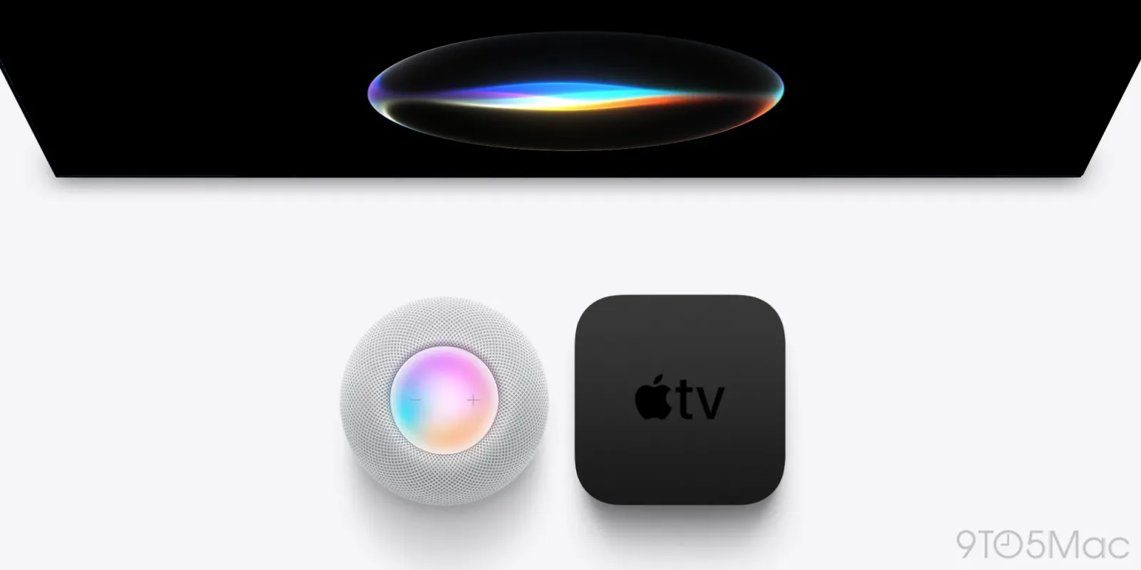 Dispozitive Apple TV 4K și HomePod pe fundal negru, cu detalii colorate.