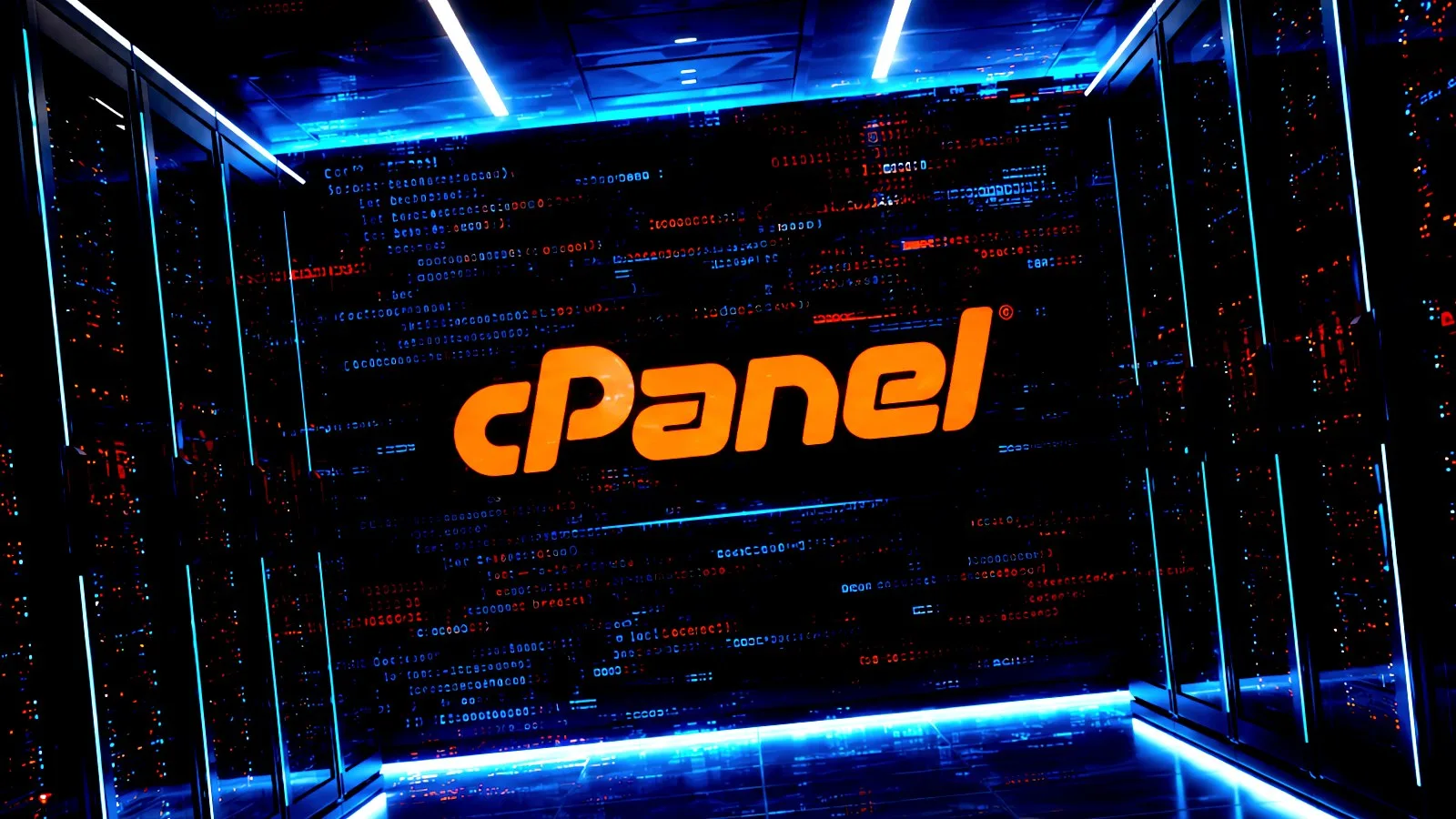 Afișaj digital cu logo cPanel pe un fundal tehnologic.