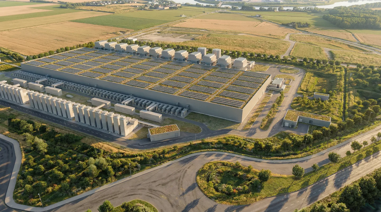 Centrul de date Google din Kronstorf, Austria, cu panouri solare pe acoperiș.