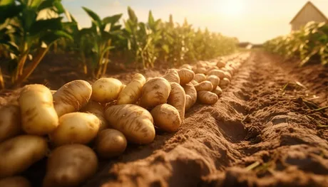 Cartofi proaspeți pe câmp, sub razele soarelui, simbolizând agricultura românească.