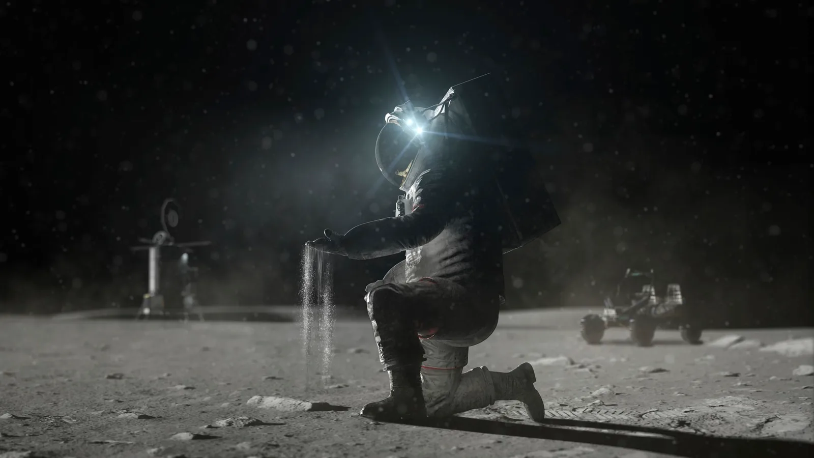 Astronaut pe Luna, explorând suprafața lunară cu un rover în fundal.