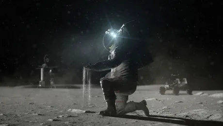Astronaut pe Luna, explorând suprafața lunară cu un rover în fundal.
