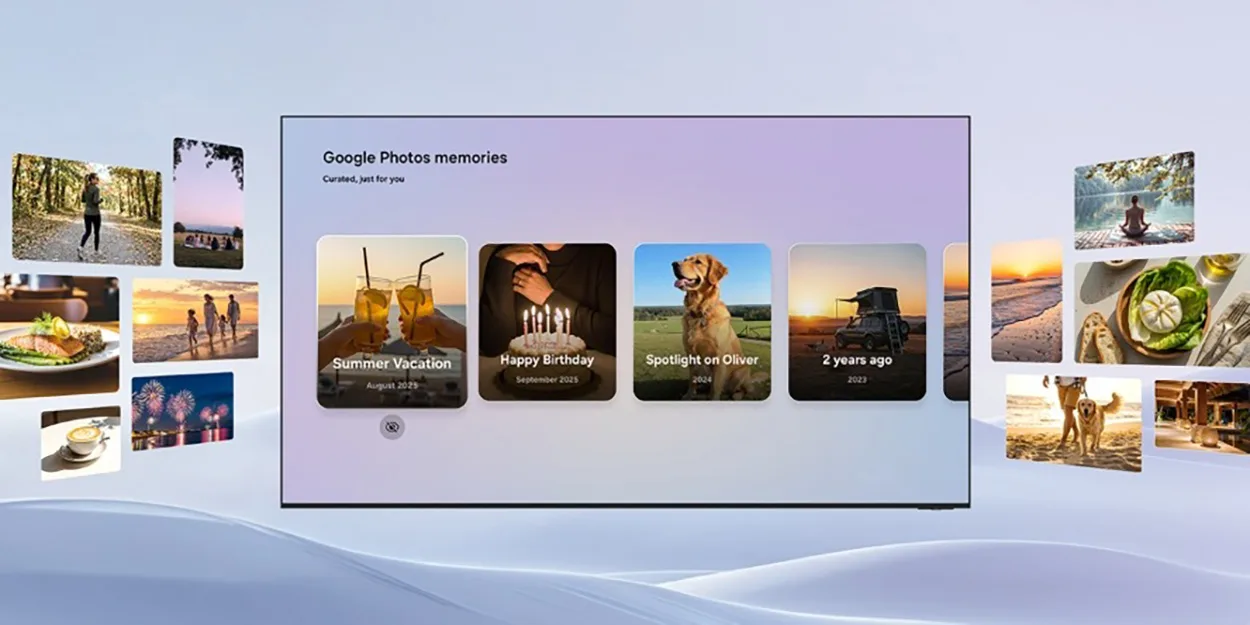 Afișare a amintirilor din Google Photos pe un televizor Samsung.