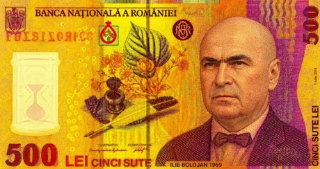 Bancnotă de 500 lei cu Ilie Bolojan pe fundal colorat.
