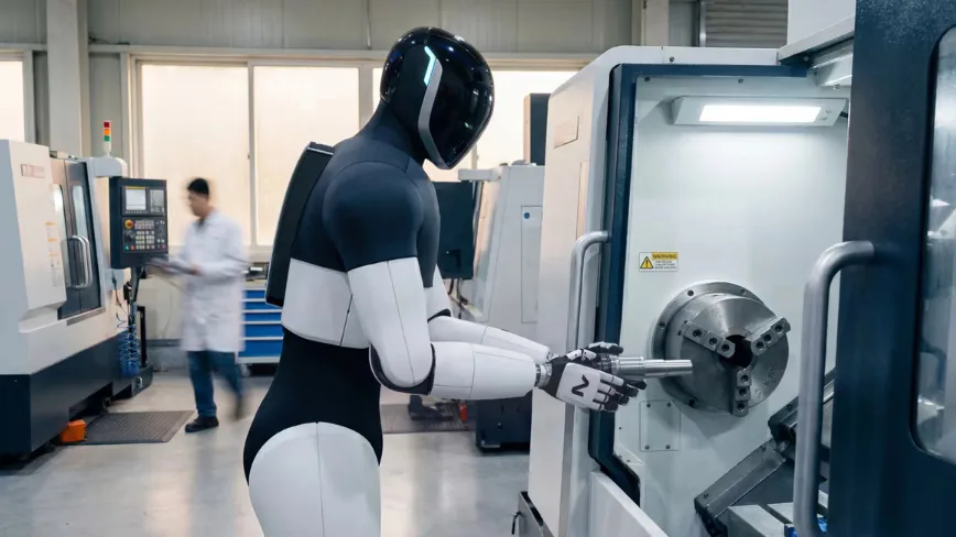 Un robot avansat interacționează cu o mașină de prelucrat în fabrică.