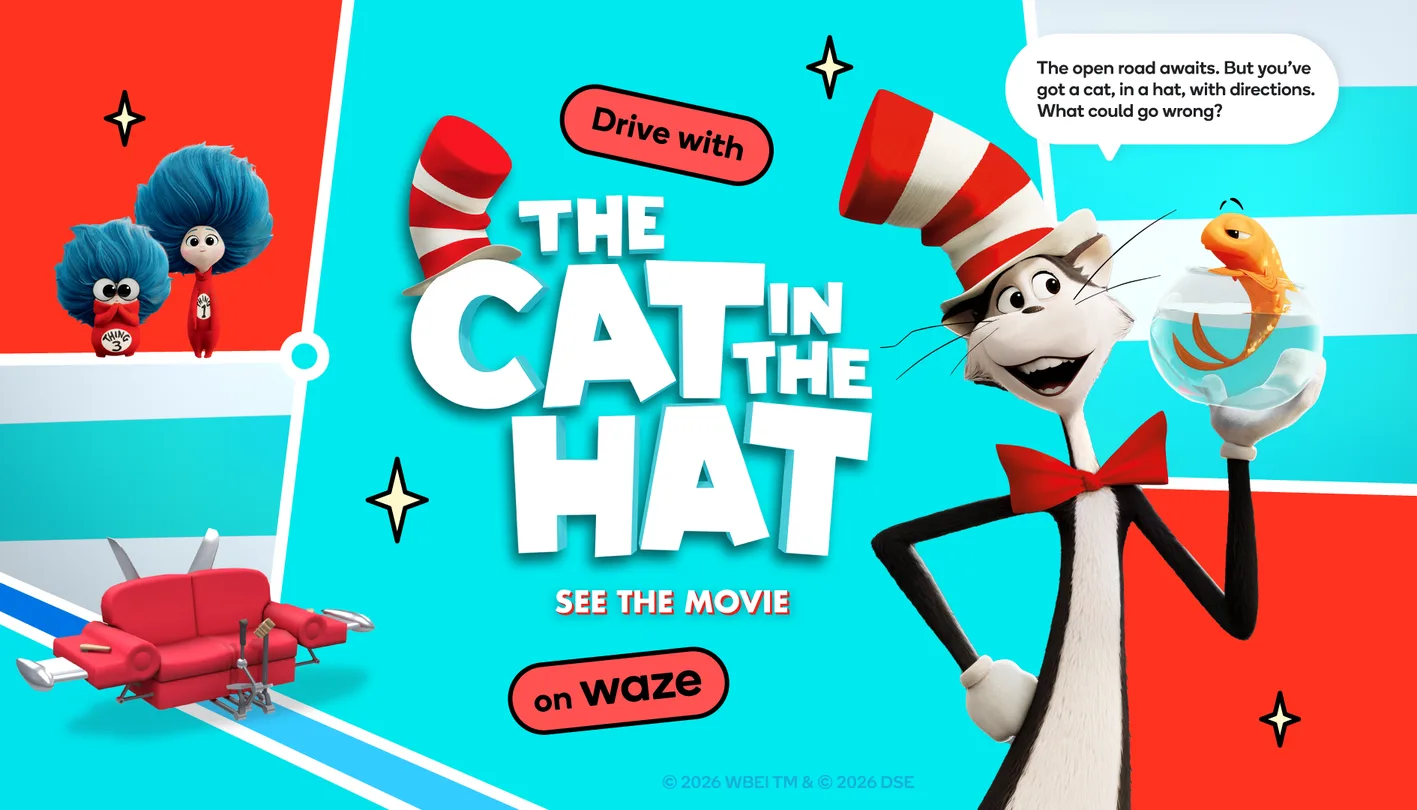 Navigație tematică cu personaje din filmul „The Cat in the Hat” în aplicația Waze.