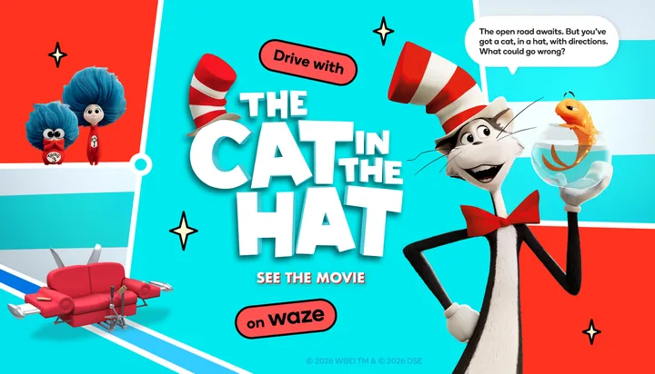 Navigație tematică cu personaje din filmul „The Cat in the Hat” în aplicația Waze.