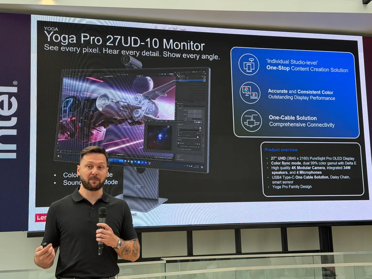 Prezentare a monitorului Yoga Pro 27, ideal pentru creație digitală.