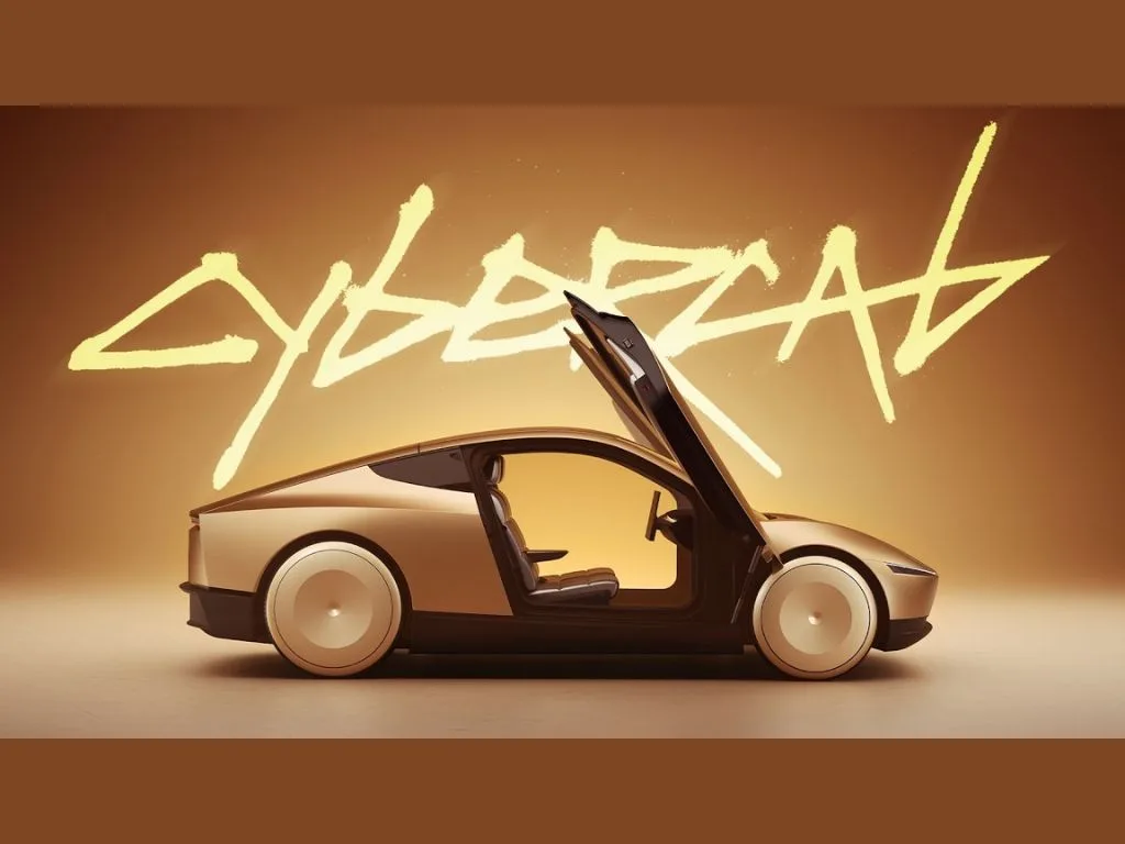 Cybercab auriu cu uși deschise, pregătit pentru testare la Gigafactory Texas.