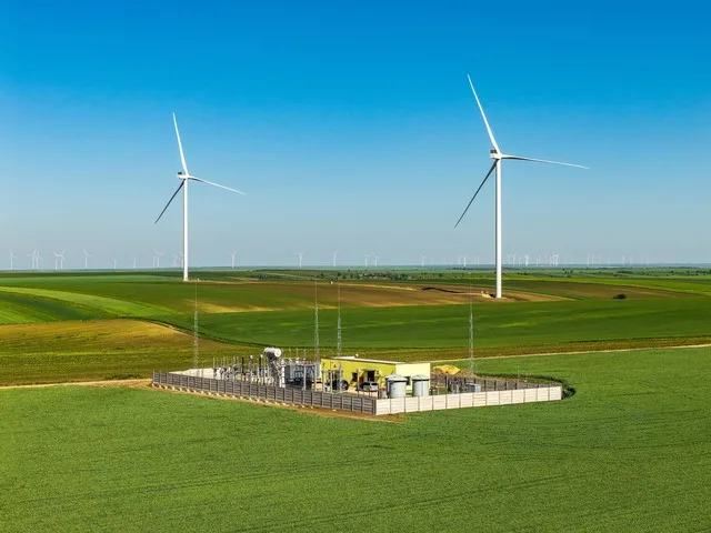 Parc eolian Green Breeze cu turbine pe câmp verde în Galați.