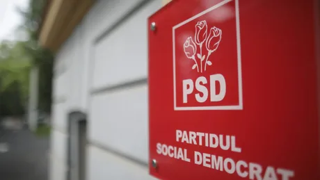 Logo-ul PSD pe un fundal roșu, simbolizând Partidul Social Democrat.