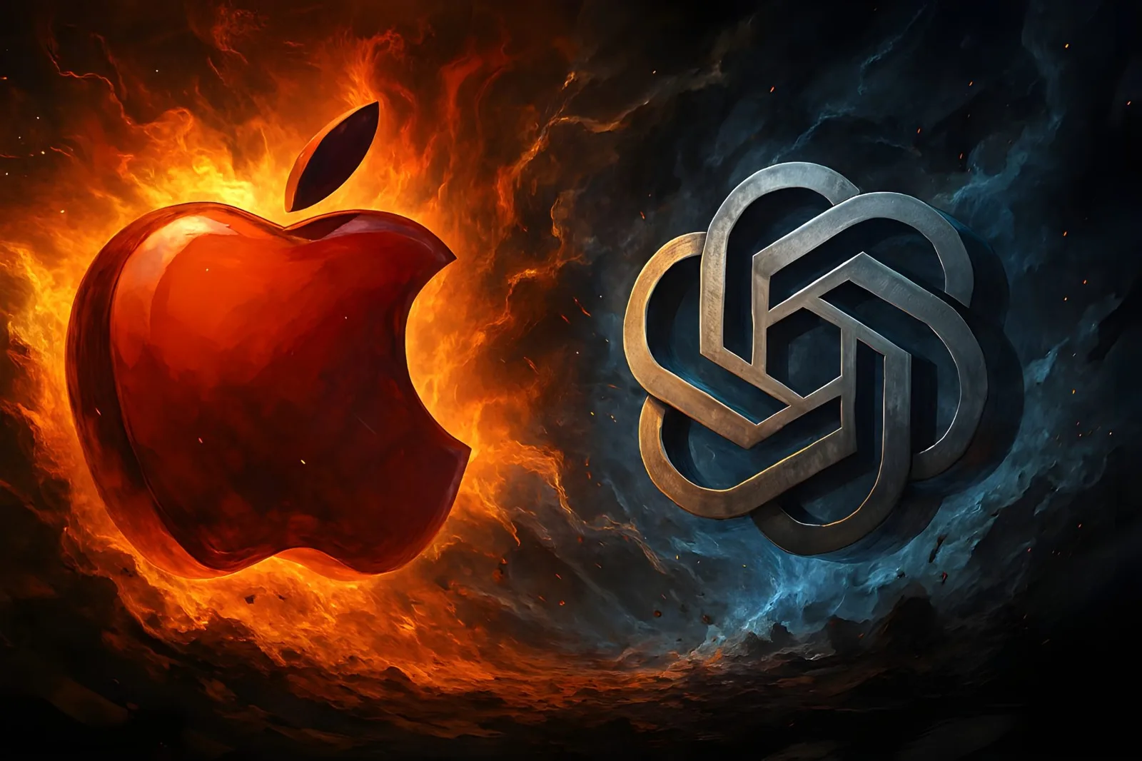 Logo-urile Apple și OpenAI pe un fundal artistic contrastant.