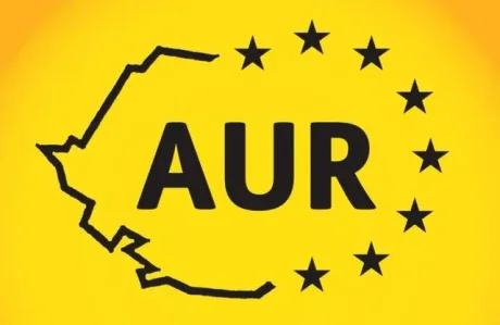 Logo-ul AUR pe fundal galben, conturul României vizibil.