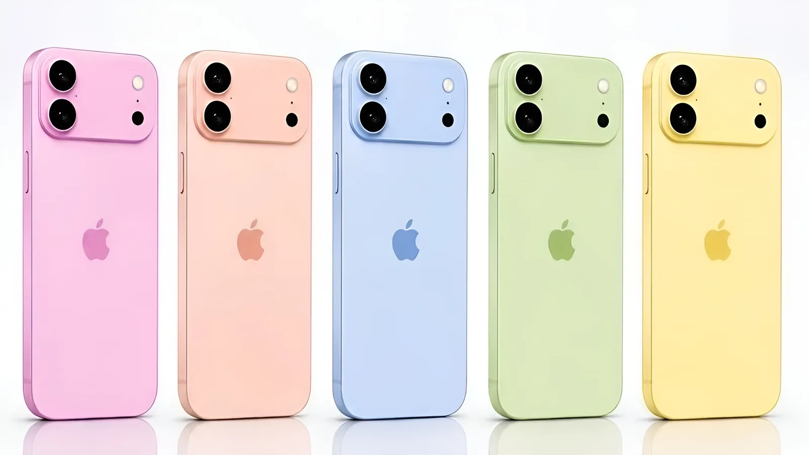Modele de iPhone în culori pastelate, aranjate pe un fundal simplu.