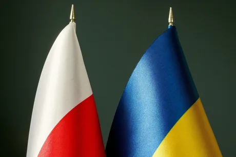 Steagurile Ucrainei și Poloniei, simbolizând o colaborare sportivă viitoare.