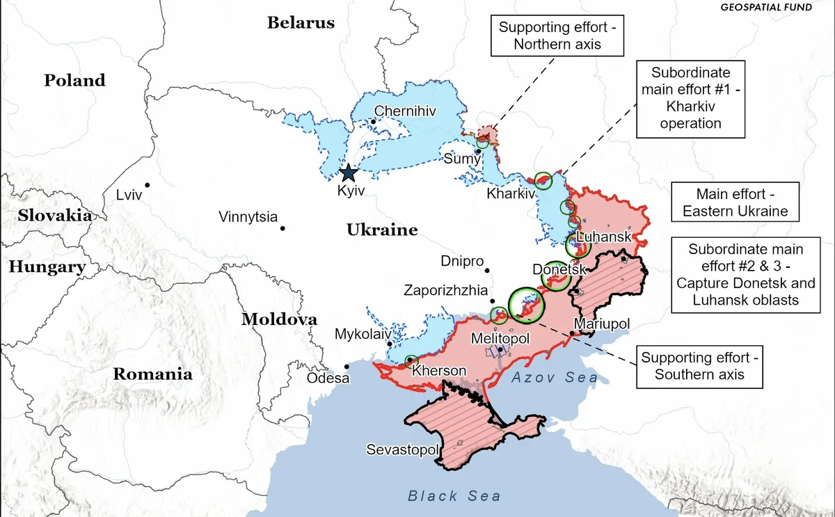 Harta care ilustrează avansurile militare în Ucraina și Rusia.