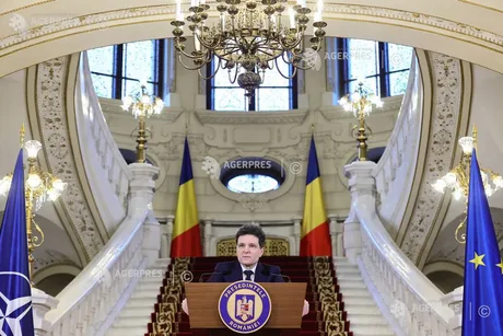Ilie Bolojan la o conferință de presă în Palatul Cotroceni.