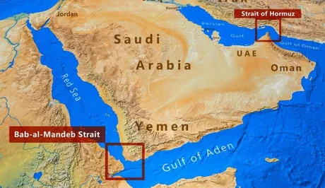 Strâmtoarea Bab-el-Mandeb, rută crucială pentru exporturile de petrol.