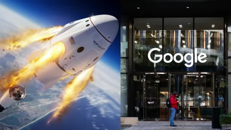 Racheta SpaceX decolând și intrarea în sediul Google.