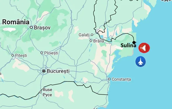 Harta zonei Sulina, evidențiind incidentul cu drona rusească.