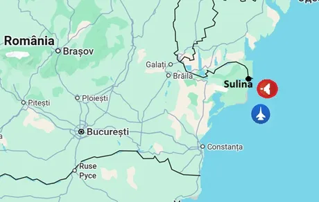 Harta zonei Sulina, evidențiind incidentul cu drona rusească.