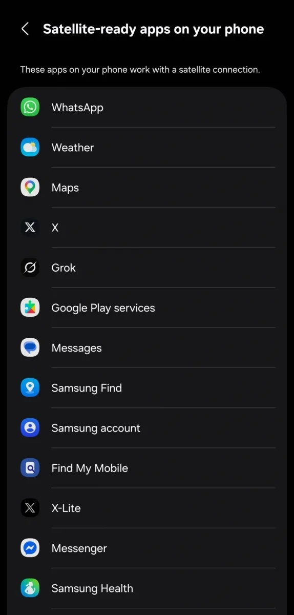 Lista aplicațiilor compatibile cu conectivitatea prin satelit pe telefoanele Samsung.