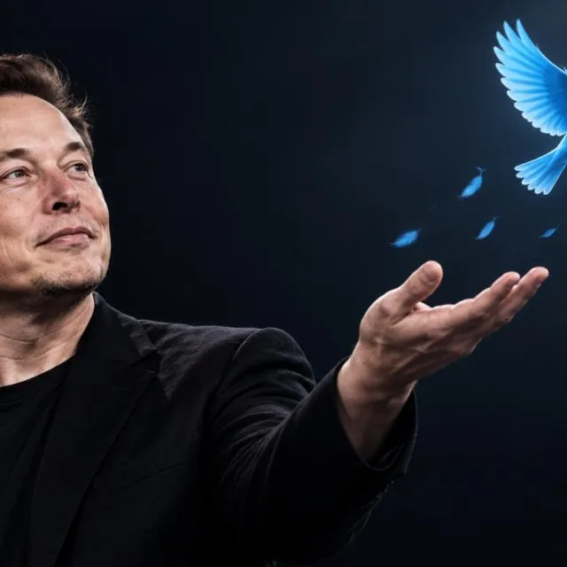 Elon Musk interacționează cu o pasăre albastră, simbol al fostului Twitter.