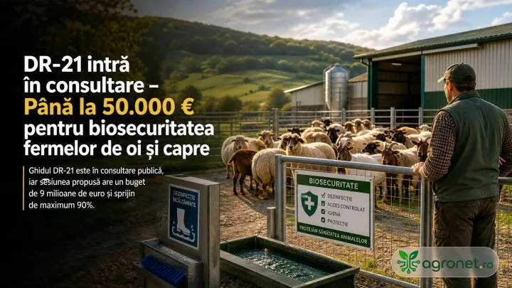 Ferme de oi și capre cu echipamente pentru biosecuritate în peisaj rural.