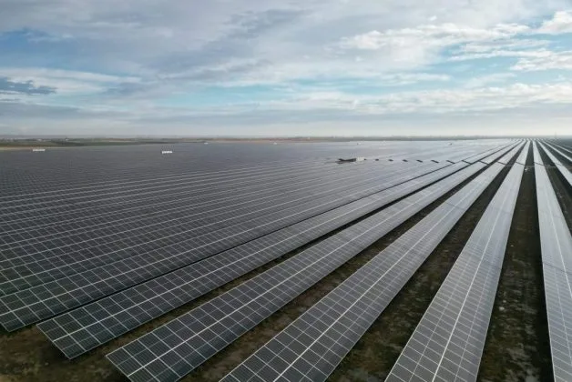 Panouri fotovoltaice amplasate pe un câmp vast în județul Arad.