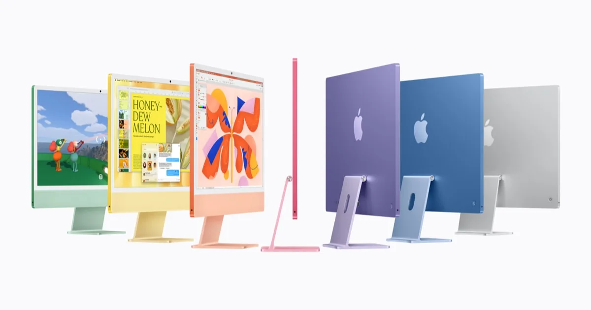 Noua gamă de iMac-uri colorate cu cip M6, evidențiind performanța și tehnologia AI.