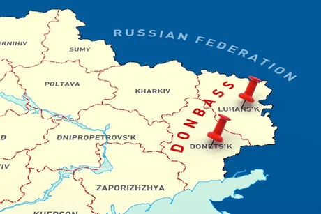Harta regiunii Donbas, evidențiind orașele Donețk și Lugansk.
