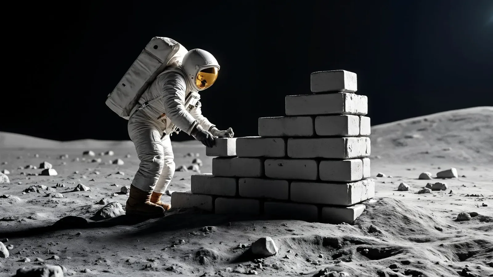 Astronaut construind o structură din blocuri pe Lună.