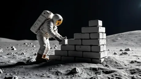 Astronaut construind o structură din blocuri pe Lună.