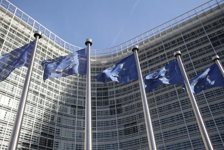 Clădire modernă cu steaguri ale Uniunii Europene fluturând în vânt.
