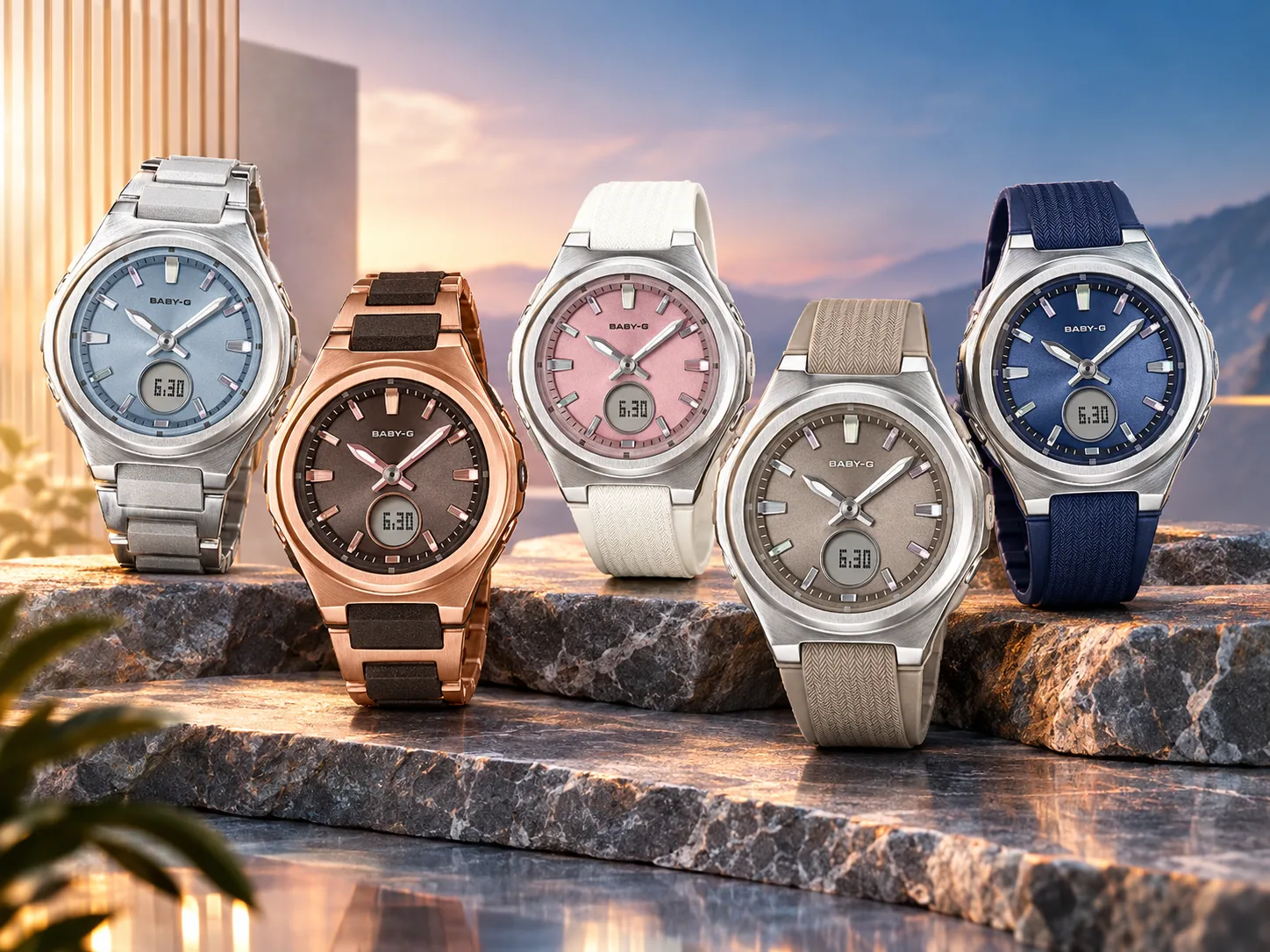 Cinci modele de ceasuri Baby-G BGA-3000 cu design modern și funcții avansate.