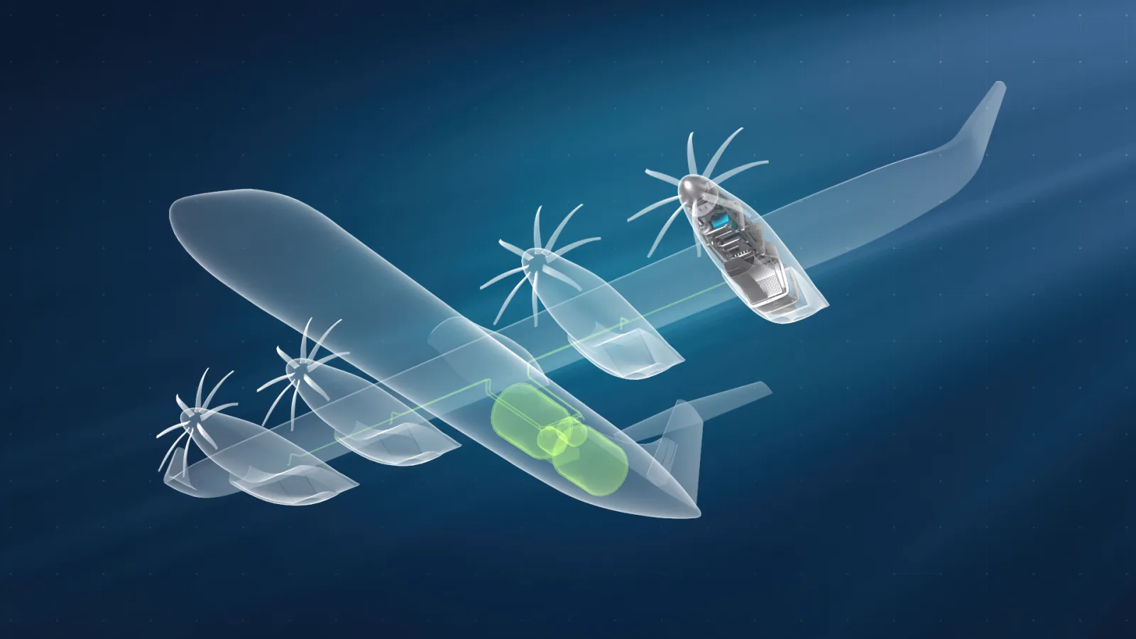 Model de avion electric cu propulsie pe hidrogen, evidențiind sistemul de celule de combustie.
