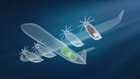 Model de avion electric cu propulsie pe hidrogen, evidențiind sistemul de celule de combustie.