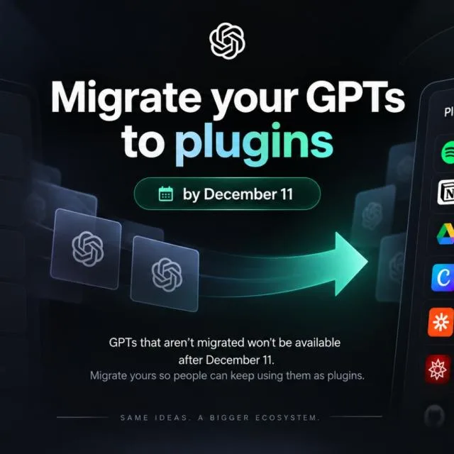 Anunț despre migrarea Custom GPTs către noul sistem Plugins și Skills.