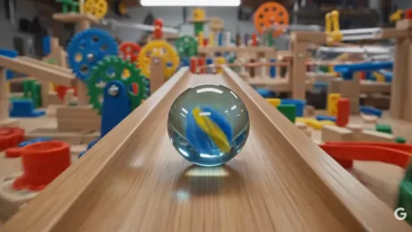 Un glob de sticlă pe o suprafață de lemn, înconjurat de jucării colorate.