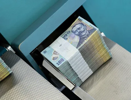 Bancnote românești aranjate pe o masă, simbolizând sectorul financiar.