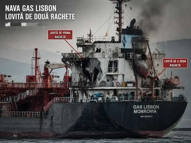 Nava GAS LISBON avariată, cu urme de incendiu și daune vizibile.