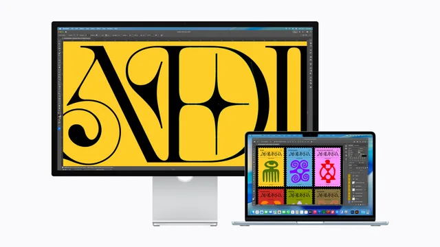 Monitor Apple conectat la un laptop pentru design grafic.