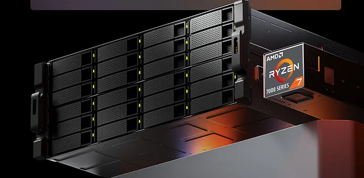 Sistem NAS QNAP cu 24 de bay-uri și procesor Ryzen 7000 pentru stocare avansată.
