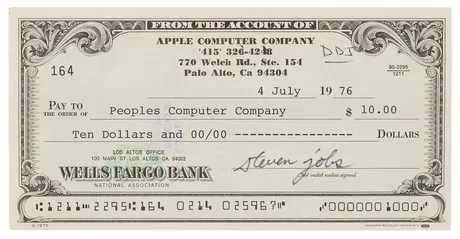 Cec semnat de Steve Jobs, datat 1976, cu valoare nominală de 10 dolari.