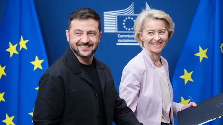 Zelenski și oficiali europeni discutând despre sprijinul financiar pentru Ucraina.