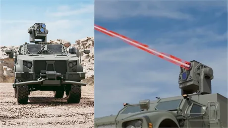 Vehicul militar echipat cu un sistem laser avansat pentru apărarea antiaeriană.