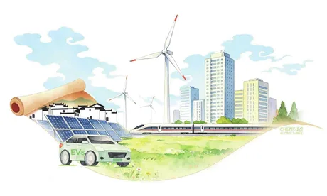 Peisaj urban cu energie regenerabilă și transport ecologic.